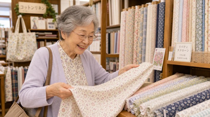 生地屋さんで生地を楽しそうに選ぶおばあちゃんの画像