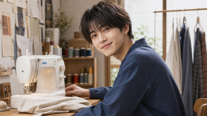ミシン部屋で仕事をする男性がこちらを向いてほほ笑んでる画像