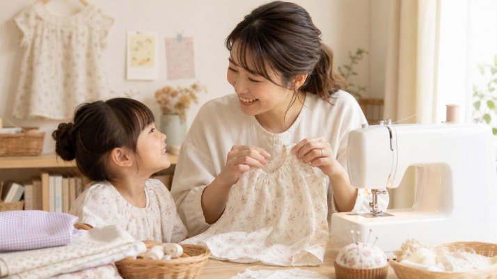 お家で子供と一緒に子供服を作る、お母さんと子供。ミシンのそばで笑いあう親子。