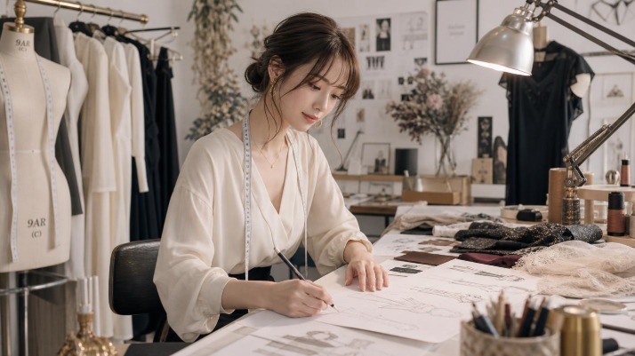 ファッションデザイナーの女の人が仕事をする画像