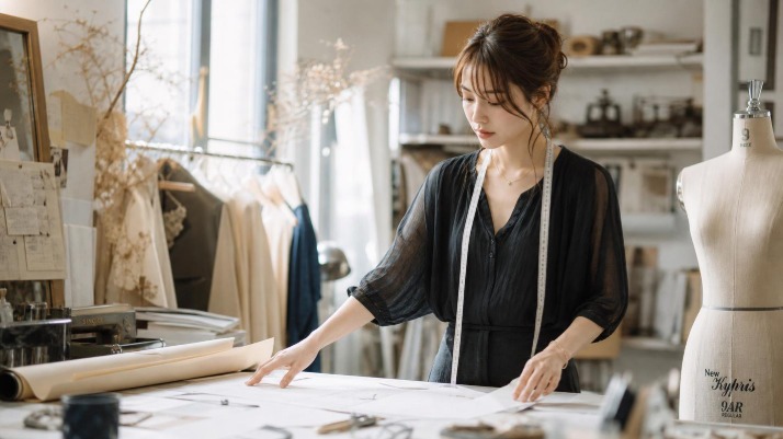 服の型紙をチェックしているパタンナーの女性