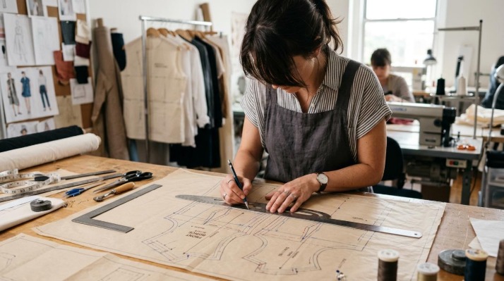 職場で服の型紙を書くパタンナーさん。