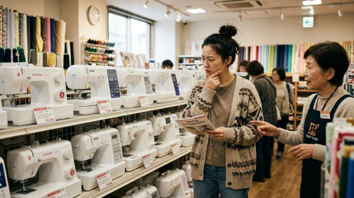 生地屋さんでミシン購入を迷っている主婦と説明する店員さん
