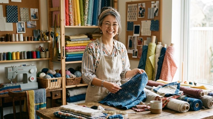 たくさんの生地に囲まれた服飾アトリエで笑顔のおばさん